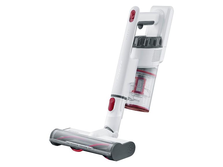 Un aspirateur Severin blanc et rouge avec un embout pour sols durs.