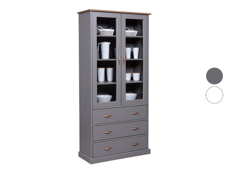 Meuble de cuisine gris avec trois tiroirs et vitrine.