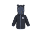 Veste enfant bleu foncé avec capuche à oreilles et motif de dessin animé sur la poitrine.