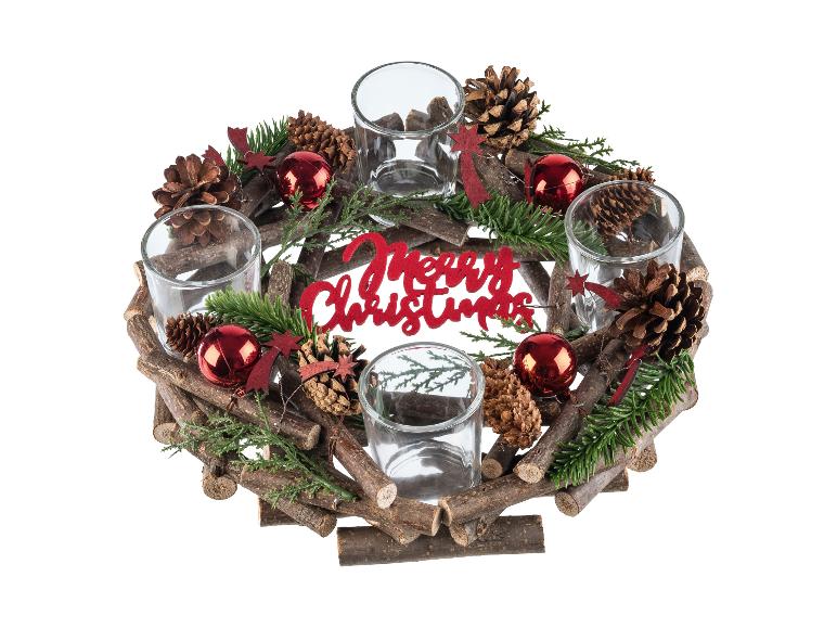 Couronne de l'Avent en bois avec décorations de Noël et bougeoirs