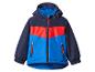 Veste pour enfant bleu marine, rouge et bleu clair avec capuche et fermeture éclair.