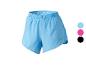 Short de sport femme bleu ciel avec taille élastique et détails en maille.
