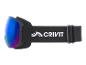 Masque de ski noir avec lentille miroir bleue et texte blanc sur la sangle