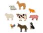 Figurines en bois d'animaux de la ferme : cheval, oies, chat, mouton, vache, cochon, coq, âne, chien.