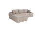 Canapé d'angle en velours côtelé beige avec coussins, vu d'un angle légèrement élevé.