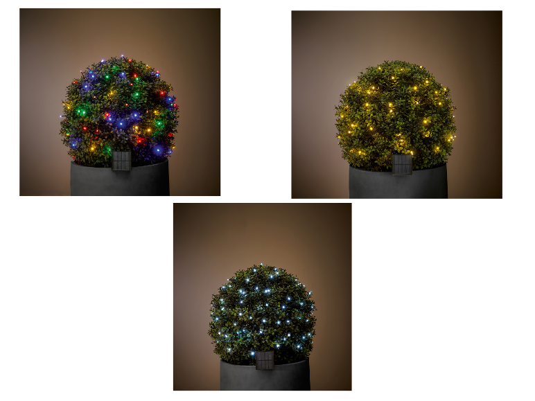 Trois guirlandes lumineuses LED solaires de différentes couleurs sur une plante en pot.
