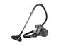 Un aspirateur noir avec un bac à poussière transparent.