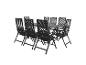 Ensemble de table et chaises de jardin : table rectangulaire et huit chaises pliantes en résine tressée noire.