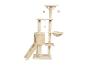 Arbre à chat beige multi-niveaux avec griffoirs, maisonnette, hamac et jouets suspendus