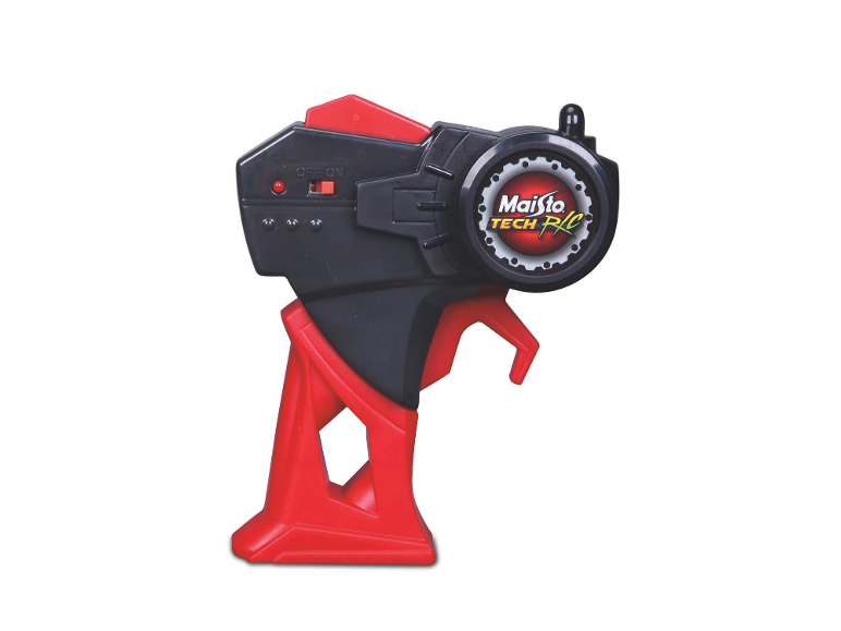 Télécommande de voiture jouet rouge et noire avec interrupteur marche/arrêt.