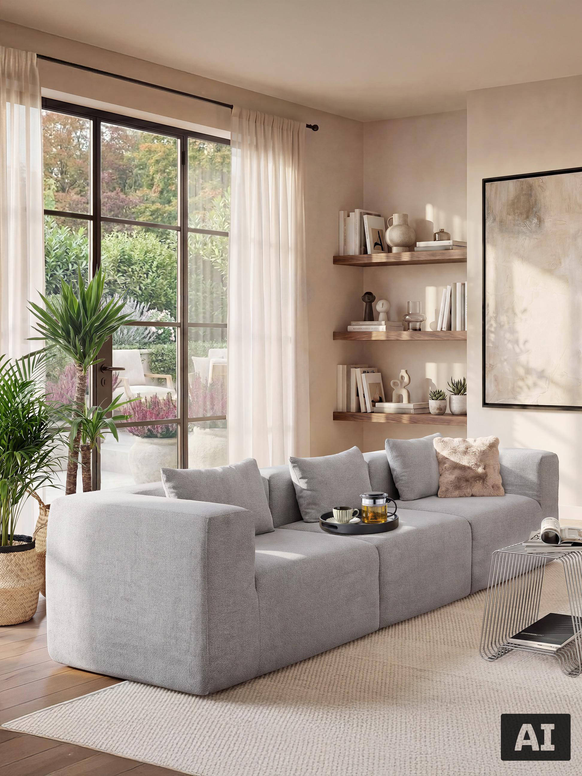 Canapé modulable gris dans un salon lumineux de style scandinave.