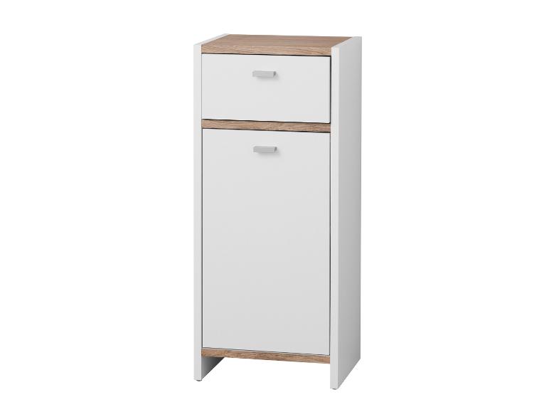 Meuble étroit blanc et effet bois avec un tiroir et une porte.