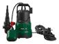 Pompe submersible avec interrupteur à flotteur et câble d'alimentation, vert et noir.