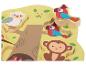 Puzzle en bois d'animaux de la jungle, comprenant un hibou, des perroquets et un singe.