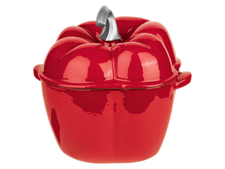 Une cocotte en fonte rouge en forme de poivron.