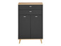 Une armoire noire avec deux portes et deux tiroirs sur des pieds en bois.