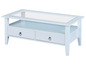 Table basse blanche avec plateau en verre et deux tiroirs.