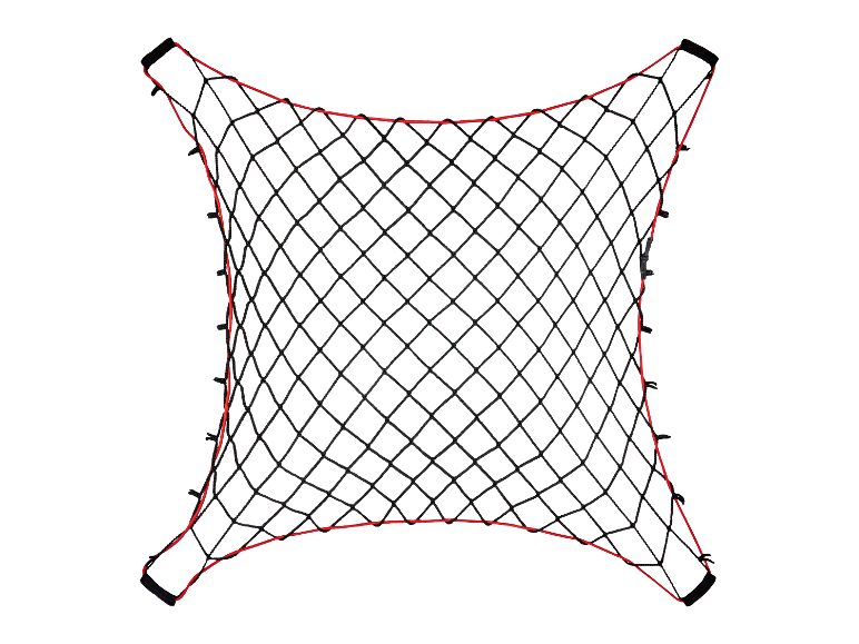 Un filet de coffre noir avec une bordure rouge, idéal pour les voitures.
