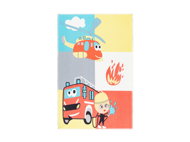 Un tapis pour enfants avec un camion de pompiers, un hélicoptère et un pompier.