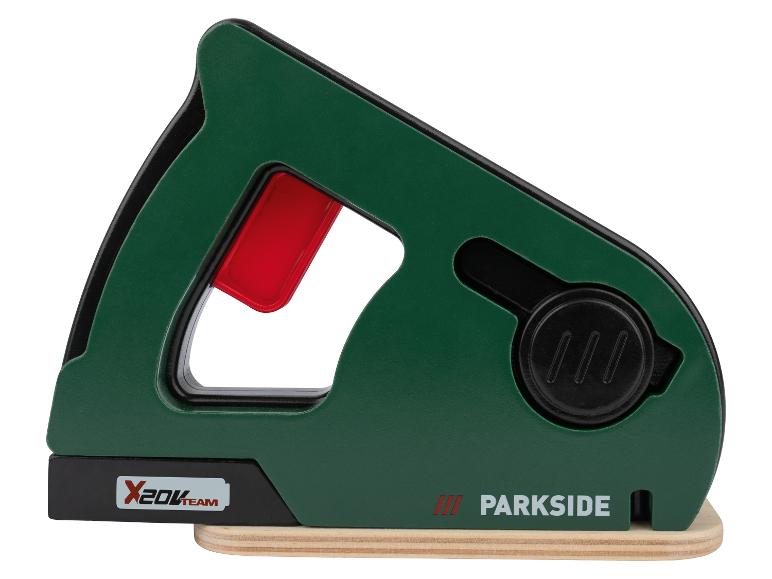 Scie sauteuse jouet verte et noire avec poignée rouge et logo Parkside.