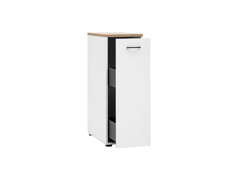 Meuble haut blanc avec plateau en bois et tiroirs gris, porte entrouverte.