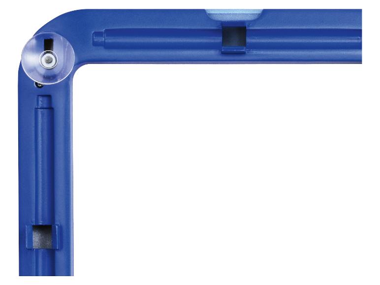 Cadre bleu en forme de L avec ventouse et fentes.