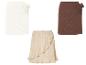 Trois jupes courtes ajourées : blanche, marron et beige.