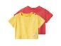 T-shirts bébé à manches courtes jaune et rouge, le jaune avec le texte « HAPPY DAY ! ».
