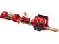 Ensemble de train de pompiers avec tunnel en flammes, gare et figurines.