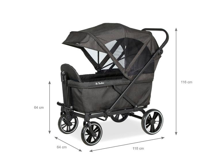 Chariot pliable gris avec capote, mesurant 118 x 64 x 116 cm.
