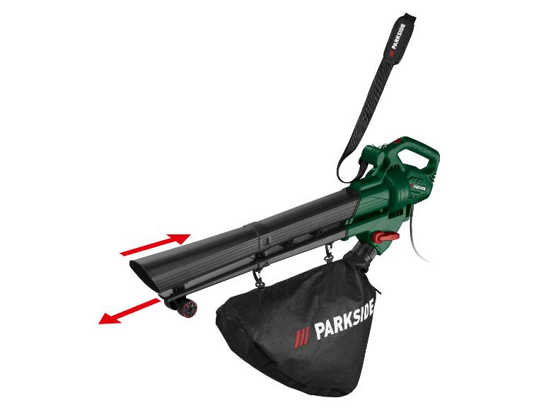 Souffleur de feuilles vert avec fonction d'aspiration, sac de collecte et sangle d'épaule, flèches rouges indiquant le flux d'air.