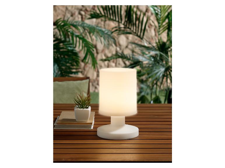 Une lampe blanche sur une table en bois avec une plante à côté.