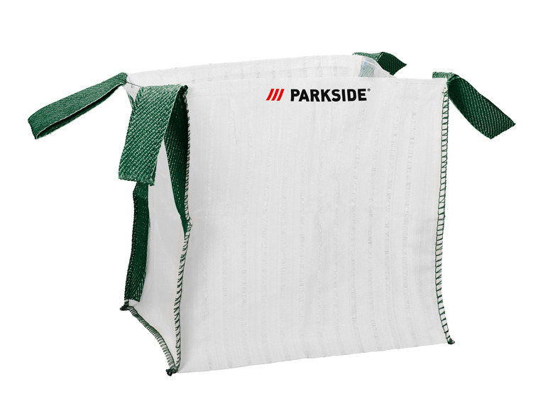 Un big bag Parkside blanc avec des poignées vertes.