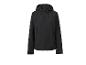 Veste softshell noire à capuche avec fermeture éclair intégrale et poignets ajustables.