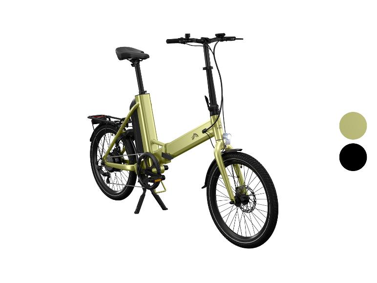 Un vélo électrique pliant vert clair avec porte-bagages arrière et accents noirs.