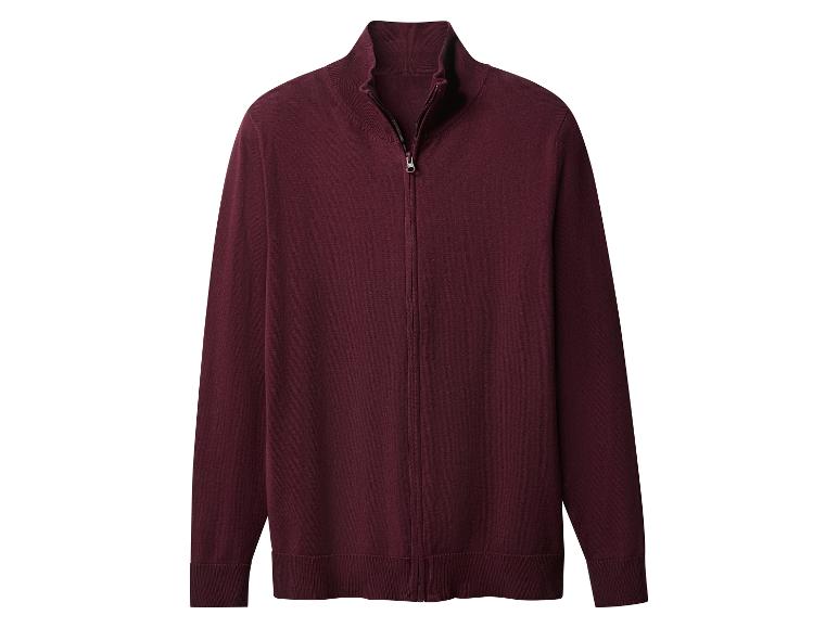 Un cardigan bordeaux entièrement zippé.