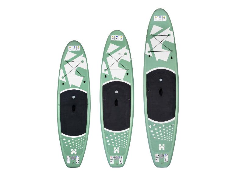 Trois planches de stand up paddle HOME DELUXE Moana vert menthe de différentes tailles.
