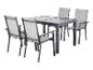 Ensemble de mobilier de jardin: table avec plateau gris foncé et quatre chaises avec revêtement gris.