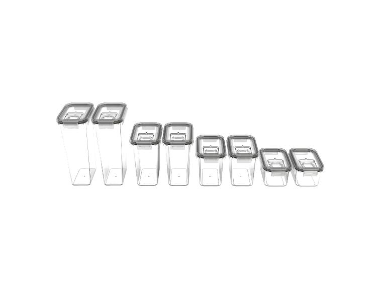Ensemble de récipients en plastique transparents avec couvercles gris, de différentes tailles, alignés.