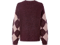 Pull bordeaux pour femme avec motif argyle sur les manches.