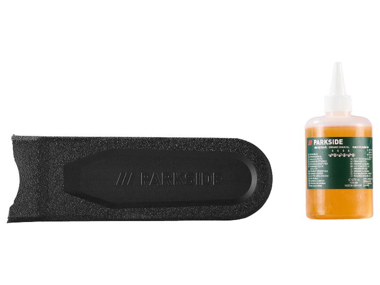 Huile de chaîne bio Parkside et protège-lame de scie.