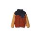 Veste polaire enfant color block : bleu marine, orange et beige.