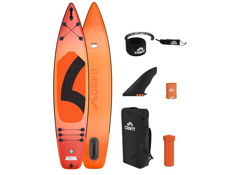 Planche de paddleboard orange et rouge avec accessoires : leash, ailerons, sac et kit de réparation.