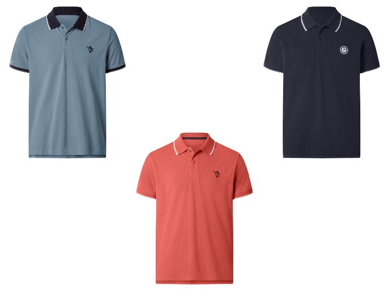 Trois polos pour hommes en bleu, rouge et marine, avec cols et poignets contrastants.