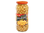 Bocal de pois chiches avec une étiquette montrant un bol de pois chiches et le poids 540g.