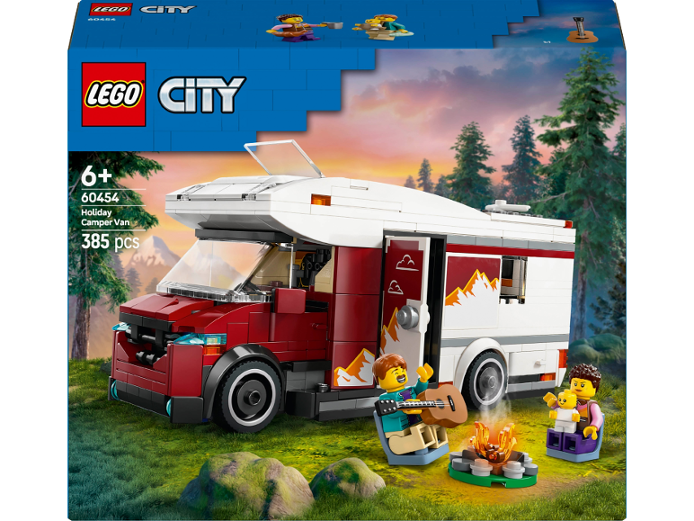 Ensemble LEGO City Holiday Camper Van de 385 pièces, famille en camping.