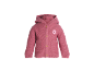 Cardigan bébé rose tricoté avec capuche, boutons en bois et application fleur.