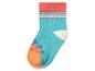 Chaussette enfant turquoise avec motif dinosaure orange et rayures colorées.