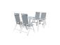 Ensemble table et chaises de jardin pliantes grises ; structure blanche.