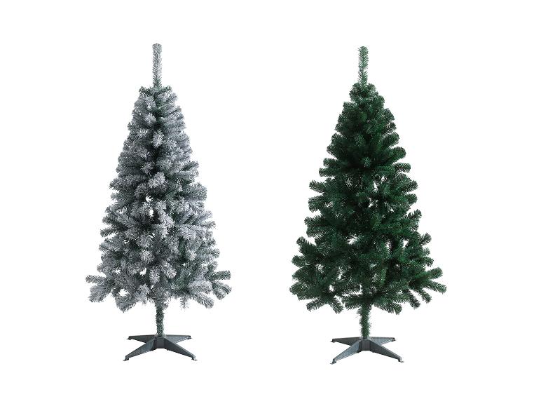 Deux sapins de Noël artificiels, un floqué blanc et un vert.